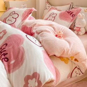 Winter Thickening Milk Fiber Bed Four-piece Coral Velvet Quilt Cover Flange Double-sided Bed Sheet Three-piece Bedding (Option: Love Pink Rabbit-90)