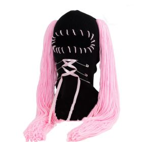 Double Ponytail Hat Wig Adult Autumn And Winter Warm Pullover Cap Festival Funny Knitted Hat (Option: Black And Pink Hair-56 59cm Adult)