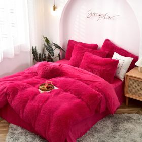 Mink Fur Four-piece Plush Rhinestone Velvet Duvet Cover (Option: Rose Red-200x230cm)