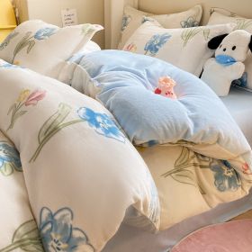 Winter Thickening Milk Fiber Bed Four-piece Coral Velvet Quilt Cover Flange Double-sided Bed Sheet Three-piece Bedding (Option: Blue Flower Sea-120)