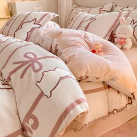 Winter Thickening Milk Fiber Bed Four-piece Coral Velvet Quilt Cover Flange Double-sided Bed Sheet Three-piece Bedding (Option: Striped Bunny-120)