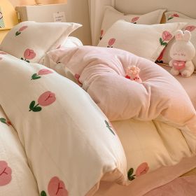 Winter Thickening Milk Fiber Bed Four-piece Coral Velvet Quilt Cover Flange Double-sided Bed Sheet Three-piece Bedding (Option: Pink Tulip-90)