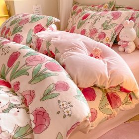 Winter Thickening Milk Fiber Bed Four-piece Coral Velvet Quilt Cover Flange Double-sided Bed Sheet Three-piece Bedding (Option: Jardin Monet-120)