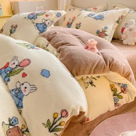 Winter Thickening Milk Fiber Bed Four-piece Coral Velvet Quilt Cover Flange Double-sided Bed Sheet Three-piece Bedding (Option: Flowers Rabbit-180)